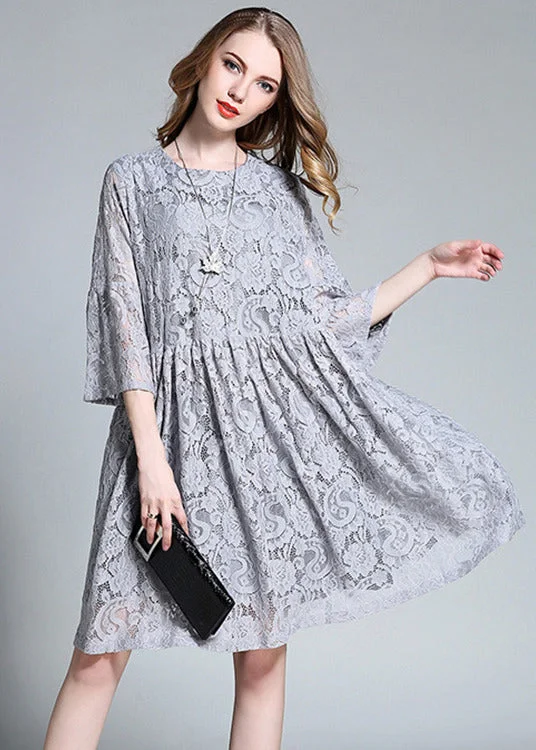 French Grey O-Neck Hollow Out Lace Mid Dress Bracelet Sleeve Chic Outfits