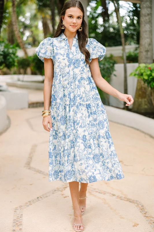 Perfect For You Blue Toile Button Down Midi Dress Trend Forward Threads For Her