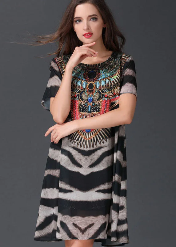 Italian Zebra Pattern O Neck Patchwork Chiffon Mid Dresses Summer Cutting Edge Fashion