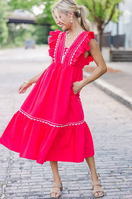 Ready For The Day Red Ruffled Midi Dress Limited Quantities