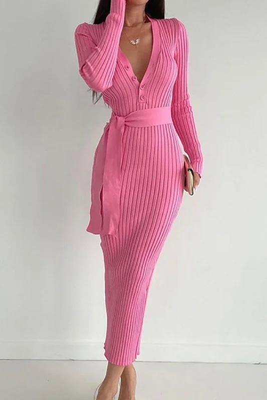 TastyHottie - Single-breasted Tie-waist Ribbed Knit Dress Fashion Forward Outfits