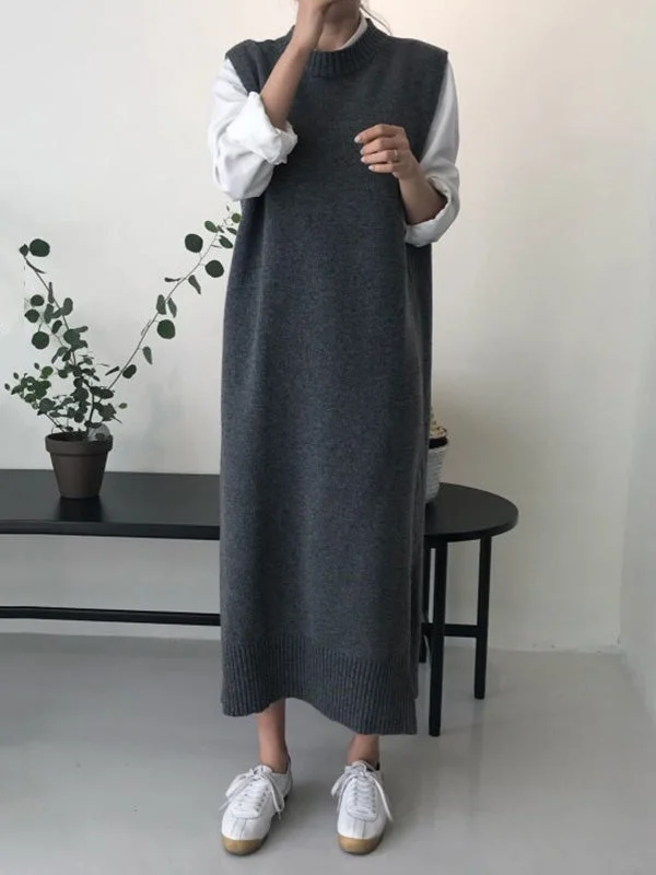 Urban Loose Sleeveless Solid Color Classic Round-Neck Midi Dresses Sweater Dresses Huge Markdowns