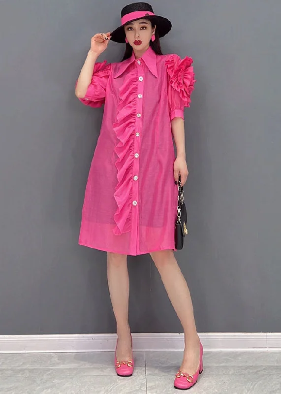 Fashion Rose Peter Pan Collar Patchwork Ruffles Silk Maxi Dresses Short Sleeve Chic And Trendy