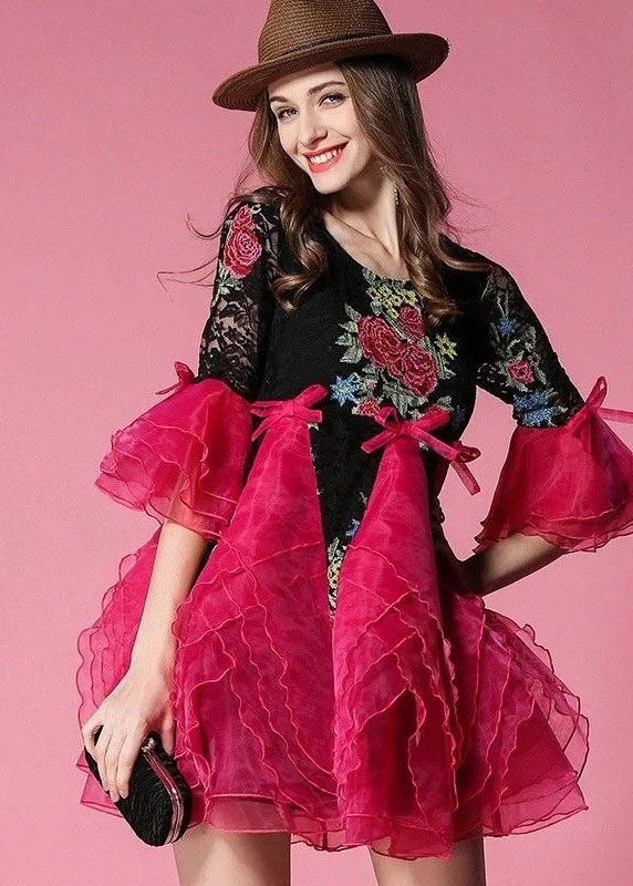 Handmade Rose Embroideried Organza Patchwork Lace Dress Summer Casual Chic