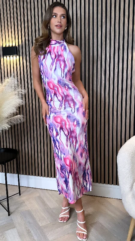 Celeste Lilac Printed Halterneck Midi Dress Versatile Outfits