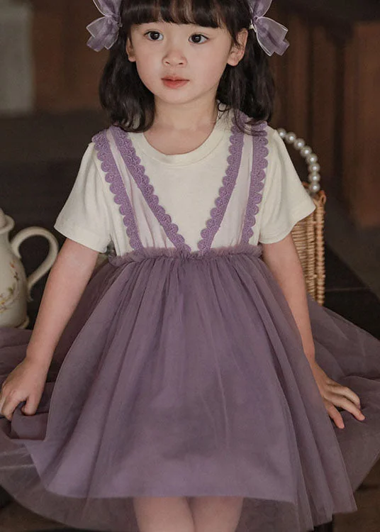 Style Purple Wrinkled Lace Patchwork False Two Pieces Tulle Baby Girls Dress Summer Chic And Trendy