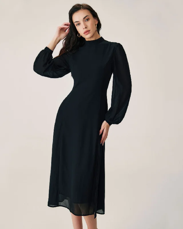 Black Sheer Turtleneck Flowy Midi Dress Shop Sale Items