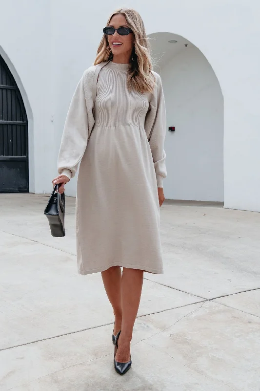 Champagne Sweater Dress & Cardigan Set - FINAL SALE Trendy Clothing Sale