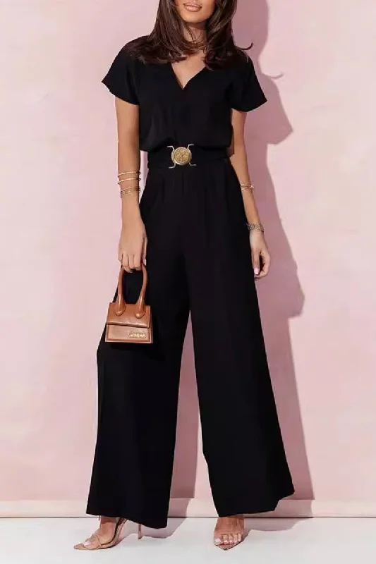 Casual Solid Metal Accessories Decoration V Neck Loose Jumpsuits Grab Romantic Date - Night Styles Now