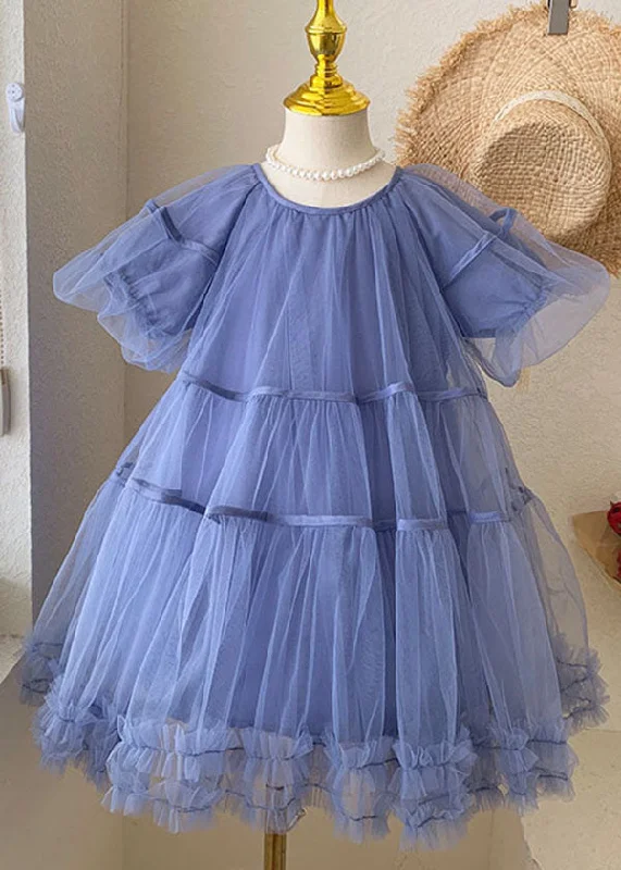 Stylish Blue O-Neck Ruffled Patchwork Tulle Kids Girls Dresses Summer Limited Styles