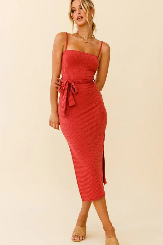 Serenade Me Square Neckline Side Split Midi Dress Rose Flowing Silhouette