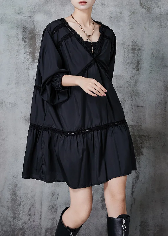 Fashion Black Oversized Patchwork Cotton Work Dress Fall Casual Chic