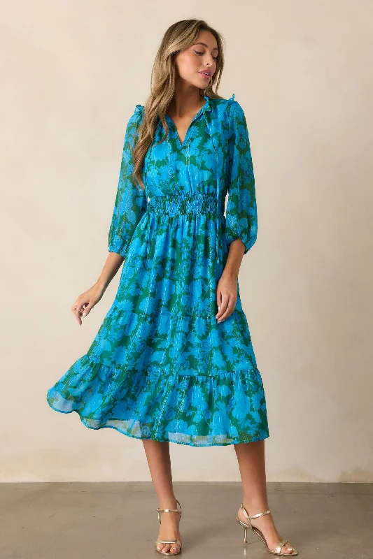 Rising Tides Blue Floral Long Sleeve Midi Dress Casual Chic