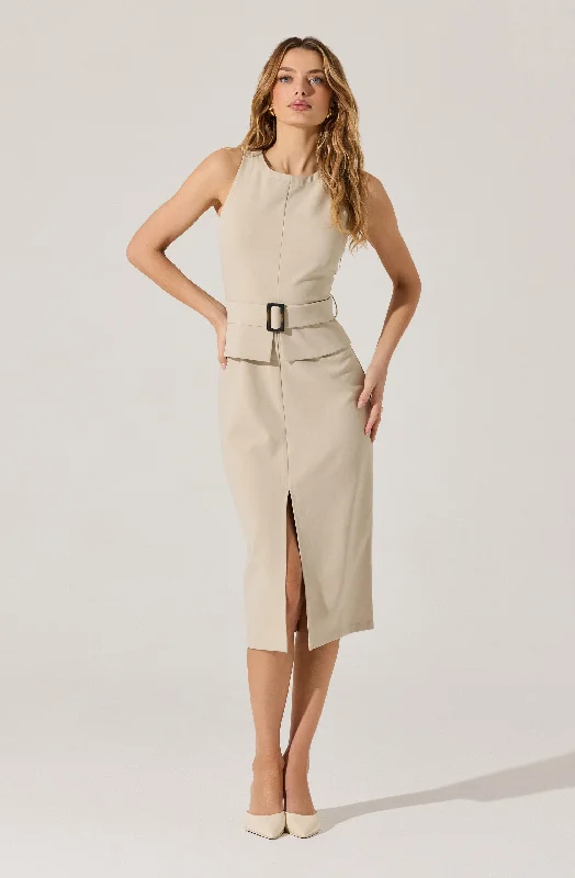 Tailored Belted Midi Dress Chic Style, Always In Vogue