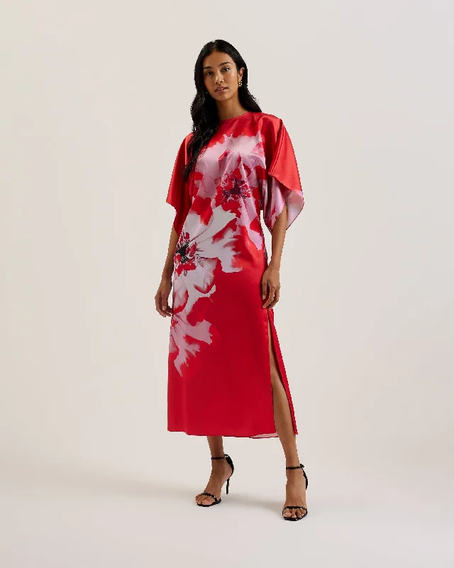 Nasinu Batwing Sleeve Side Split Midi Dress Red Grab Romantic Date - Night Styles Now