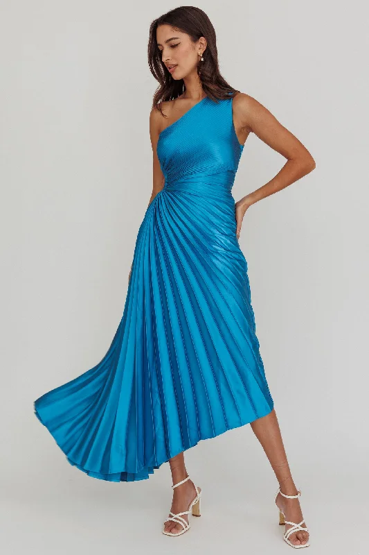 Brooklynn One-Shoulder Accordion Pleat Satin Midi Dress Teal Fashion Forward Femme