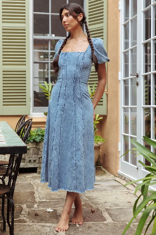 Northern Sky Fringe Puff Sleeve Midi Dress Denim Blue Trendsetting Threads