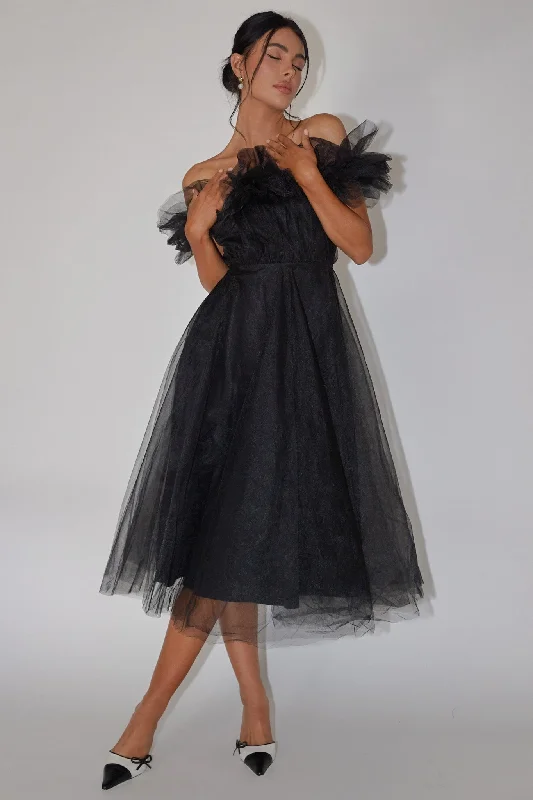 May Rose Off-Shoulder Tulle Midi Dress Black Flash Sales