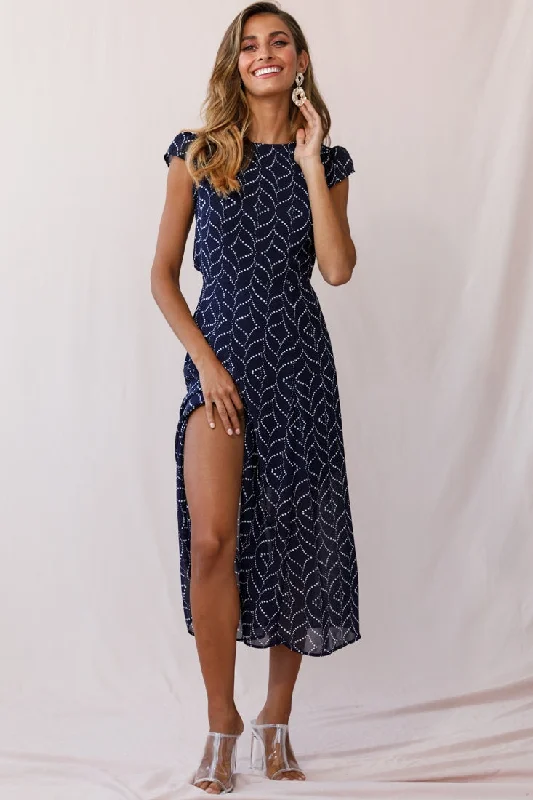 Becky Cap Sleeve Crew Neck Midi Dress Dot Print Navy Effortless Style