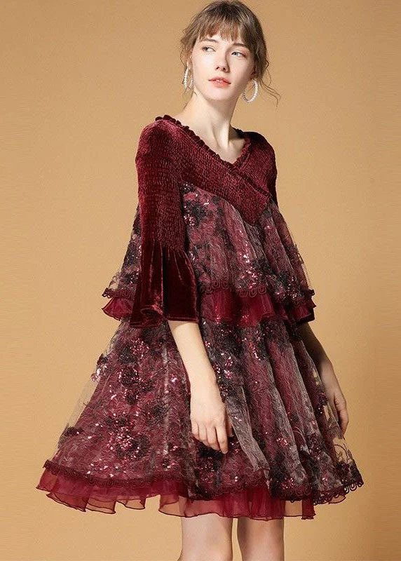 Beautiful Mulberry V Neck Organza Patchwork Silk Velour Dresses Flare Sleeve Chic Sophistication