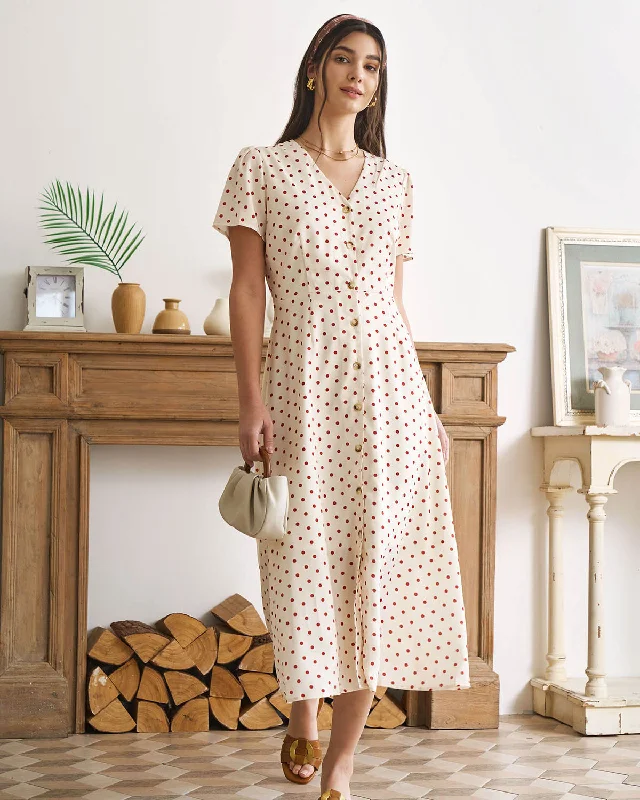 The Beige V Neck Polka Dot Button Midi Dress Versatile Wardrobe Essentials