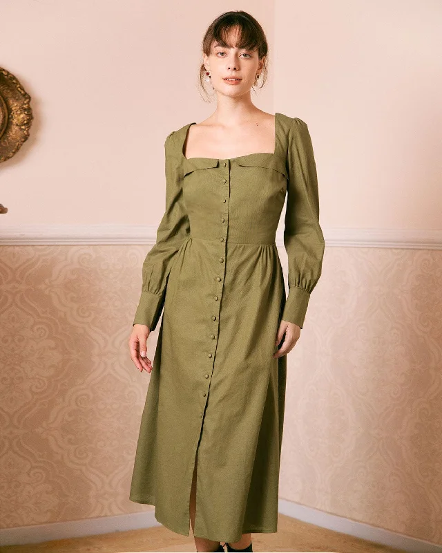 The Green Sweetheart Neck Button Midi Dress Urban Femme Streetwear