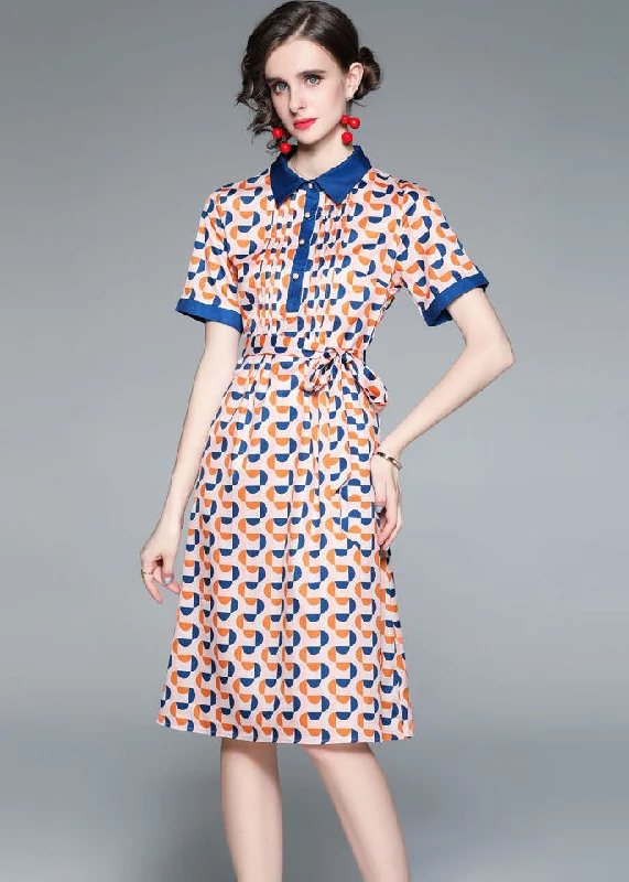 Italian Colorblock Peter Pan Collar Patchwork Print Tie Waist Silk Cinch Dress Short Sleeve Comfort Meets Fashion