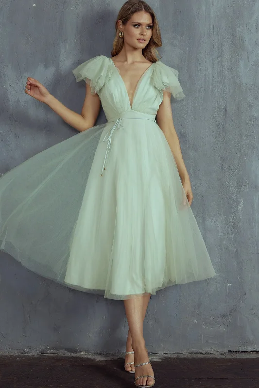 Leap Of Faith Frill Shoulder Tulle Midi Dress Pistachio Great Prices On Feminine Styles