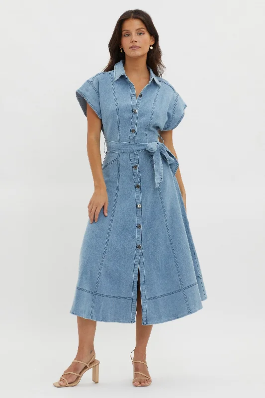 Laureen Short Sleeve Midi Dress Denim Blue Seasonal Trends