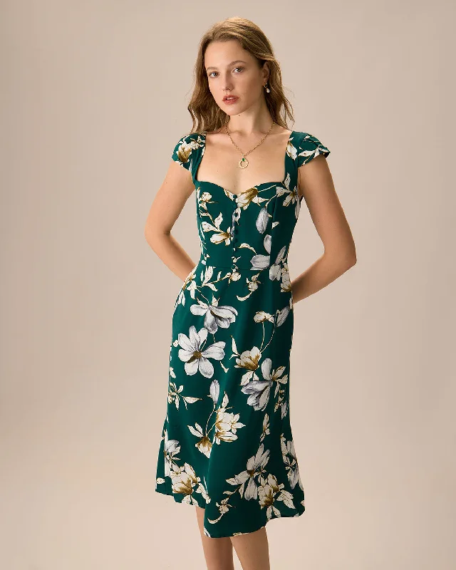 The Green Sweetheart Neck Cap Sleeve Floral Midi Dress Effortless Style