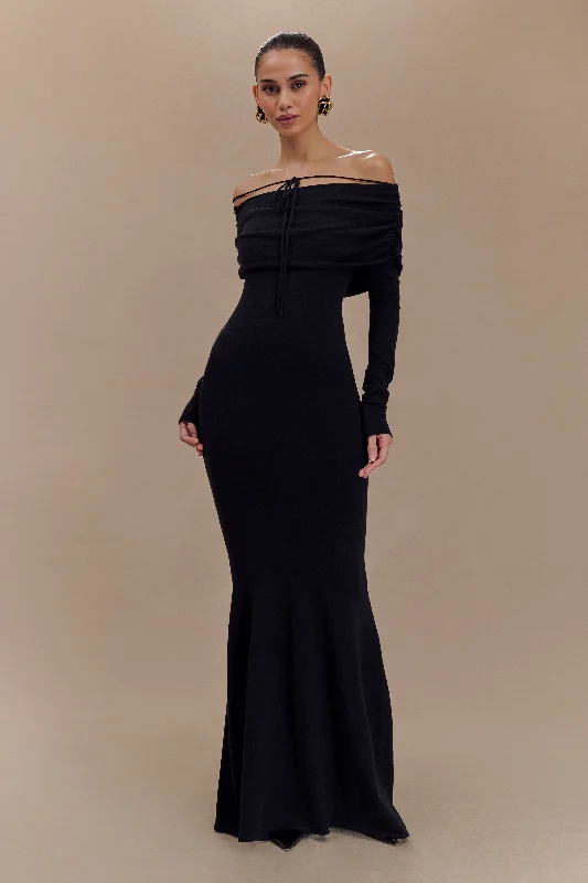 Georgiana Off Shoulder Knit Midi Dress - Black Grab Romantic Date - Night Styles Now