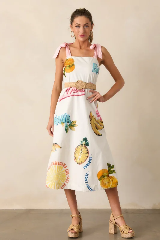 Take A Chance Cotton Ivory Tropical Fruit Print Midi Dress Season Offer