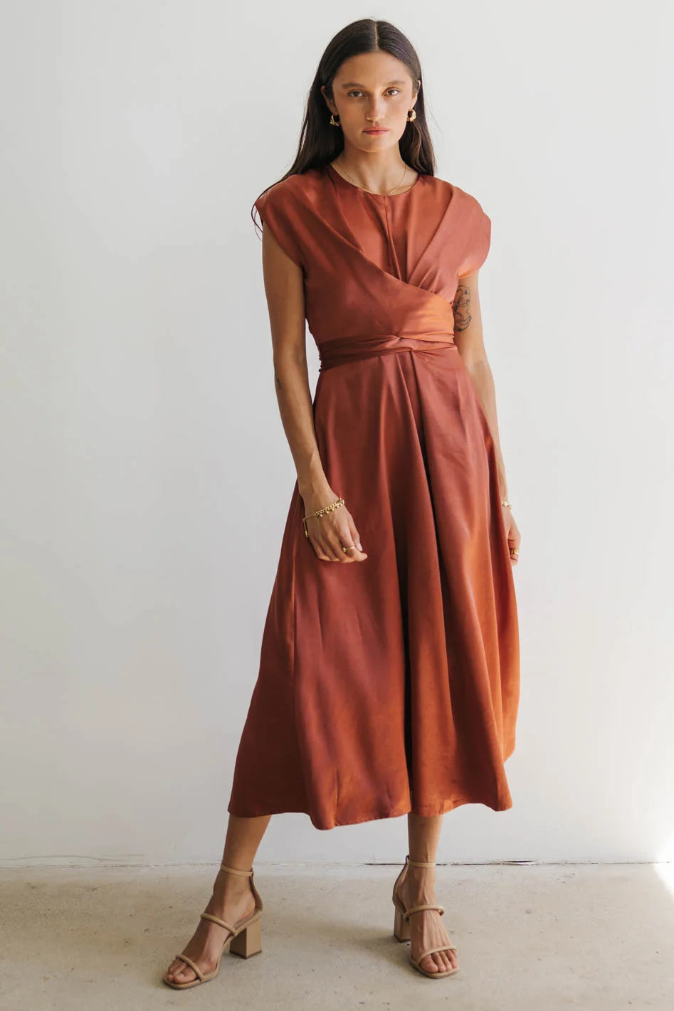 Rosalind Midi Dress in Rust Lightweight Fabric