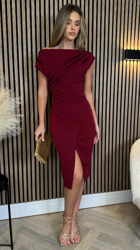 Scarlett Burgundy Asymmetric Midi Dress Trendy Styles