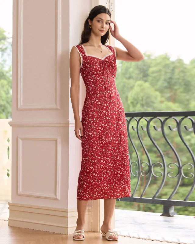 The Red Sweetheart Neck Floral Lace Trim Midi Dress Exclusive Discount