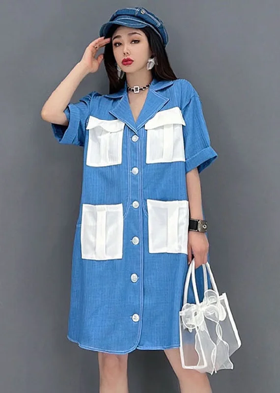 Art Denim Blue Peter Pan Collar Patchwork Pockets Cotton Holiday Dress Short Sleeve Stylish Savings