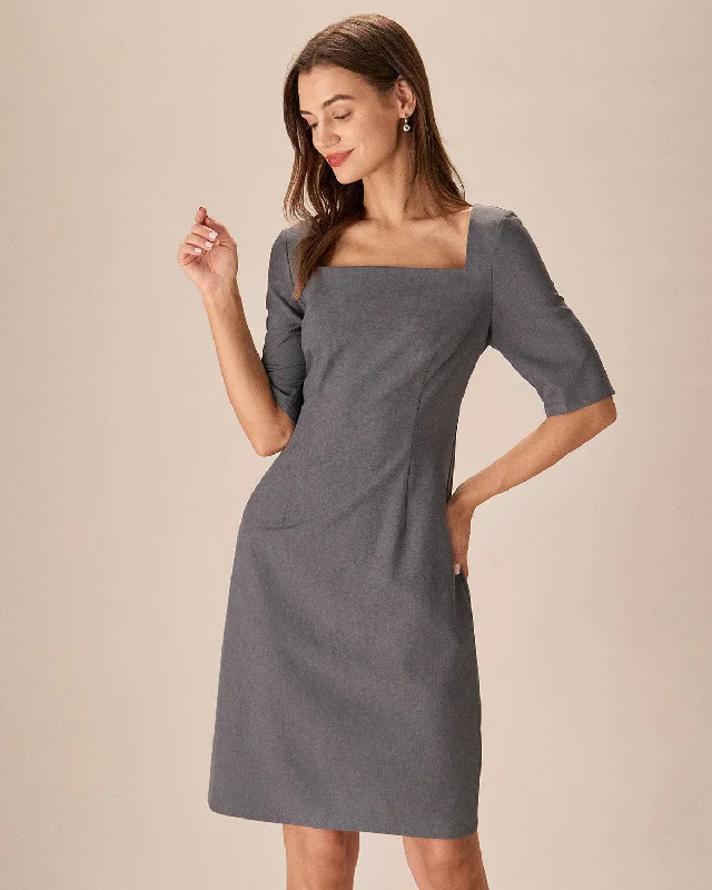 Grey Square Neck Slit Midi Dress Travel Essentials