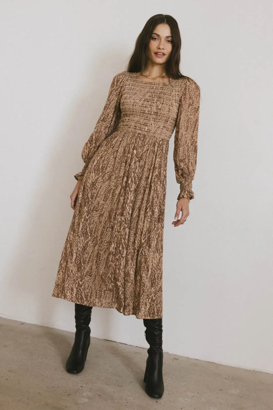 Justice Abstract Midi Dress in Brown Save On Inspired Styles