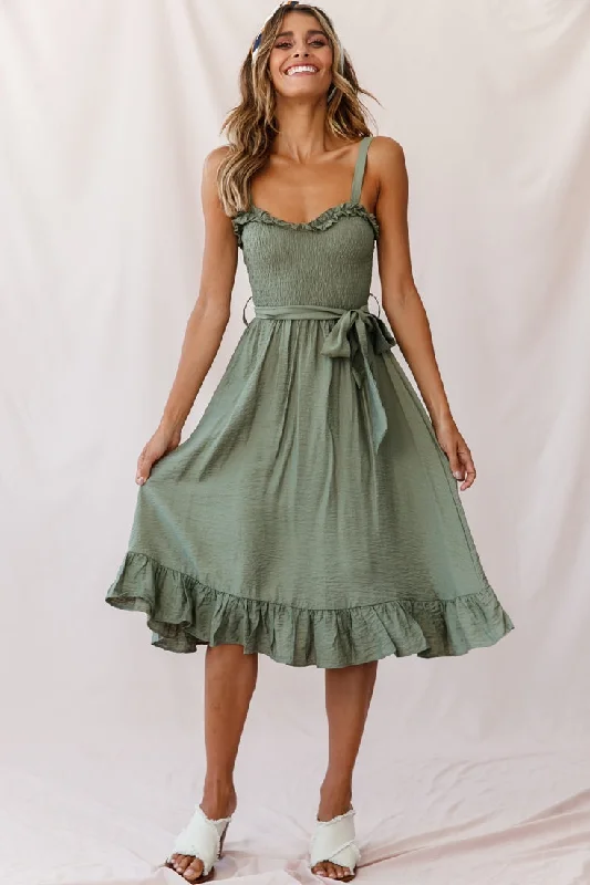 Honey Shirred Frill Midi Dress Olive Get The Latest Trends