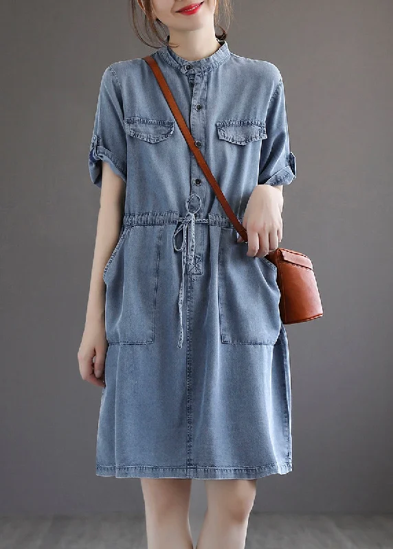 French Blue Pockets Tie Waist Denim Dresses Summer Flowy Fabric