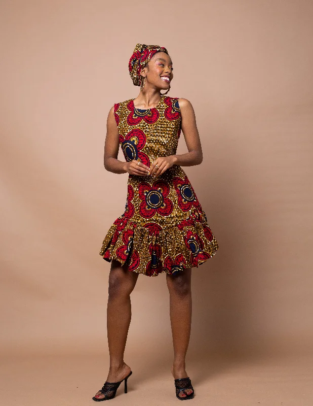 Dorothy Ankara Midi Dress | Red and Gold African Print Evening Elegance