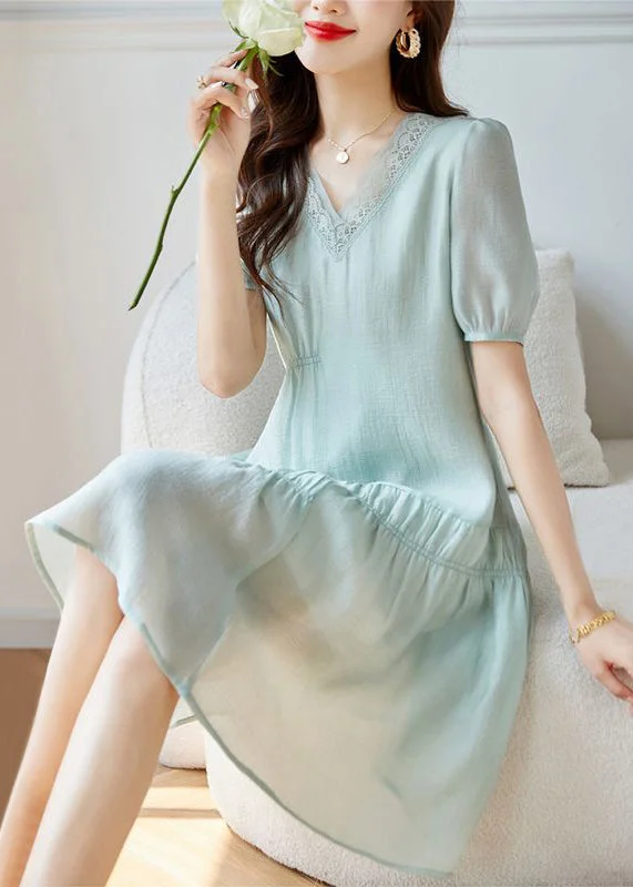 Women Light Green Wrinkled Patchwork Cotton Dresses Summer Fashion Sale