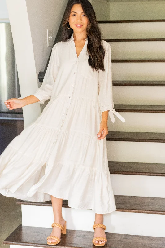 Leading Back To You Eggshell White Tiered Midi Dress Save Big