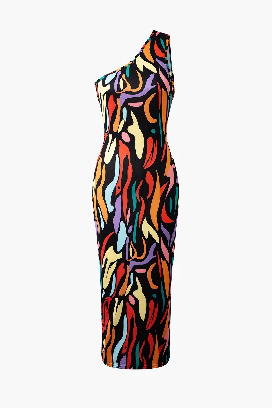 Abstract Print One Shoulder Cut Out Midi Dress Exquisite Women's Wear Sale