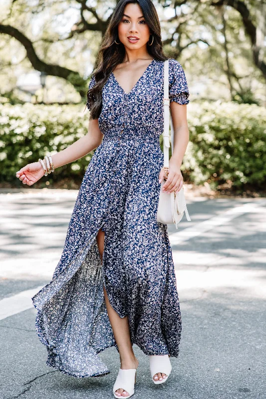 What A Doll Navy Blue Floral Maxi Dress Save Big