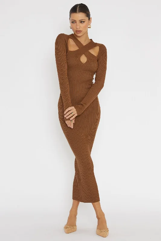 One Mind Cut-Out Neckline Knit Midi Dress Chocolate Special Offers, Don't Miss