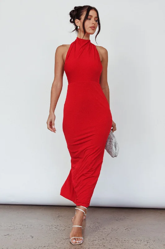 Caden Backless Halterneck Dress Red Ends Soon