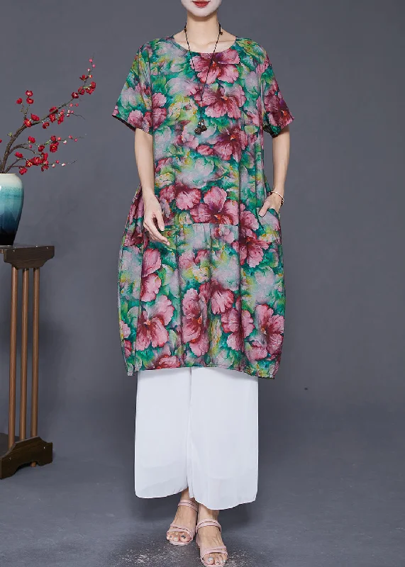 Elegant Slim Fit Floral Print Linen Holiday Dress Summer Clearance Event