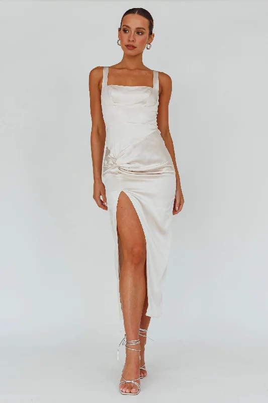 Kristin Knotted Waist Split Midi Dress Champagne Get The Latest Trends