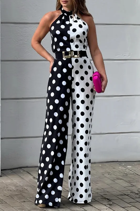 Sexy Print Polka Dot Pocket Contrast Halter Loose Jumpsuits Spring Fling Sale